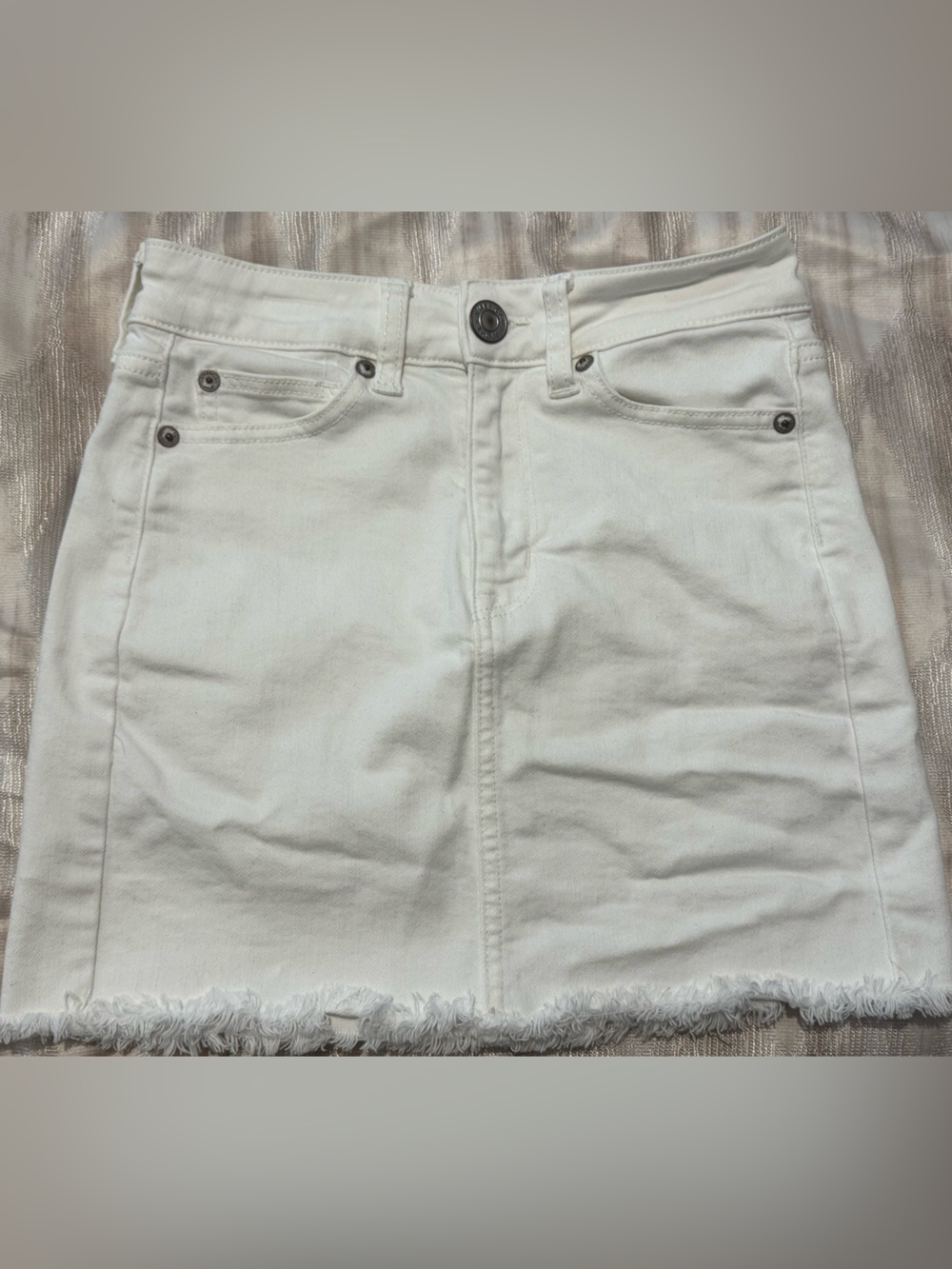 American Eagle Outfitters White Denim Mini Skirt with Frayed Hem